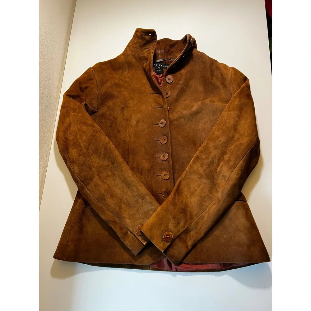 Ralph Lauren Suede Leather Blazer Jacket Women's 10 Brown Label Black Vintage - Picture 1 of 13